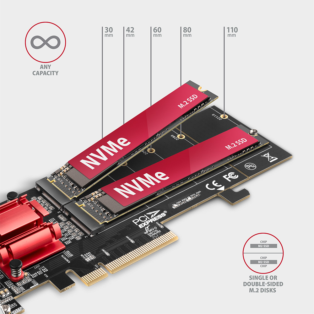 AXAGON PCEM2-ND PCIe Adapter für zwei M.2 NVMe SSDs Schwarz, Rot