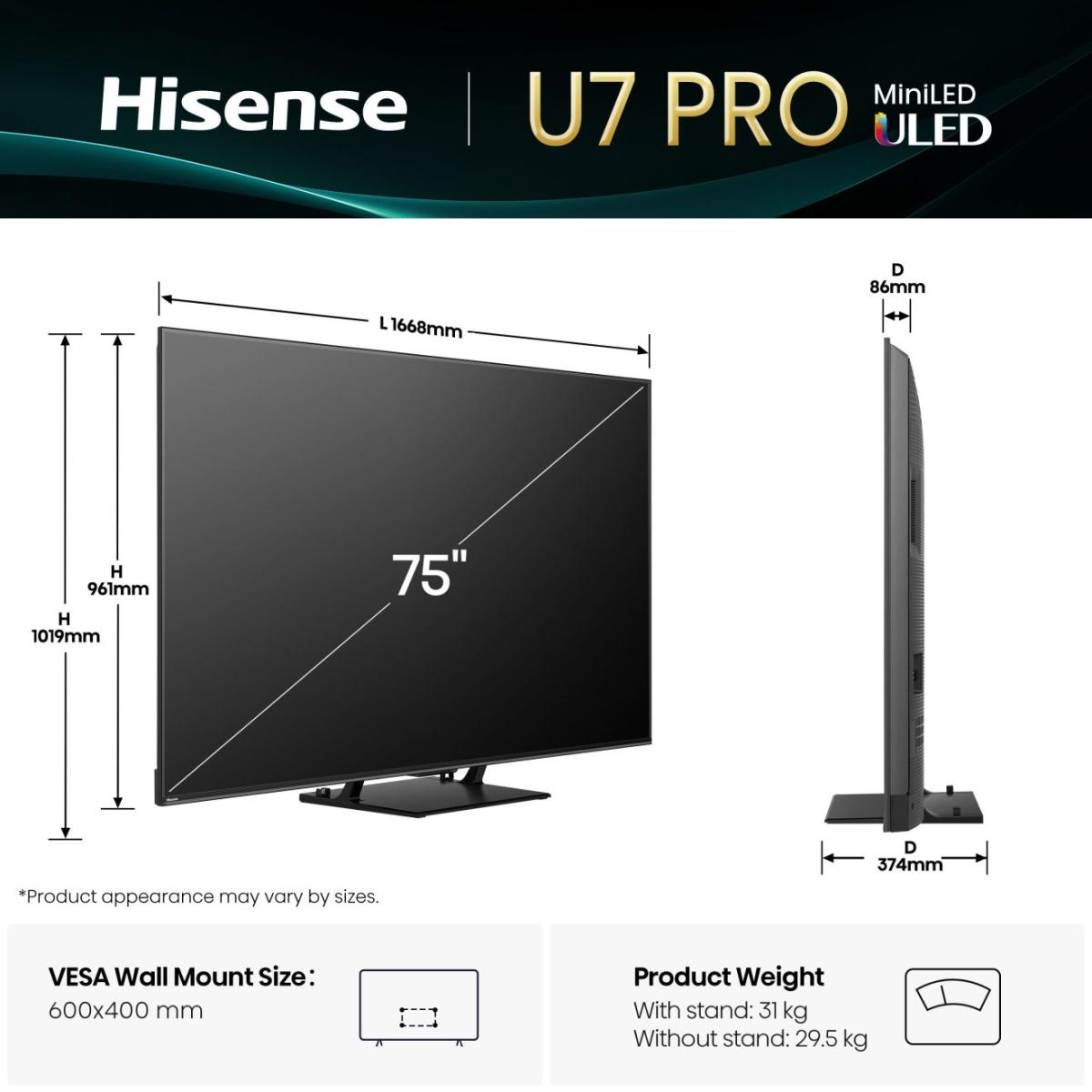 Hisense 75U7Q PRO 75" Mini-LED 4K Smart TV 165 Hz 2'000 Nits Schwarz