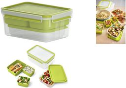 emsa XL Lunchbox CLIP & GO, 2,3 Liter, transparent / grün rechteckig, mit 3 Einsätzen und extra Behälter, 100% dicht - 1 Stück (3110600385)