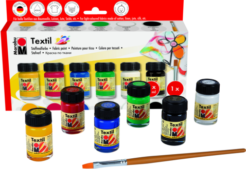 Marabu Textil Starter Set Textilfarbe, 6 x 15 ml, auf Wasserbasis, für helle Textilien
