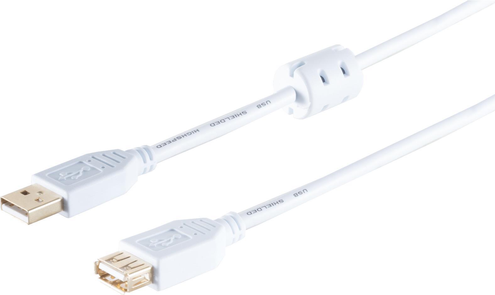 S/CONN maximum connectivity USB High Speed 2.0 Verlängerung mit Ferrit, A Stecker auf A Buchse, vergoldete Kontakte, USB 2.0, weiß, 3,0m (77123-WF)