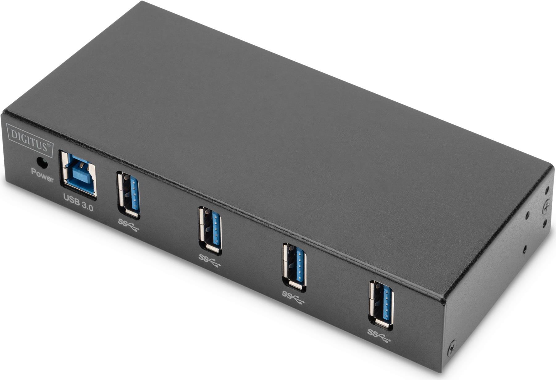 Digitus USB 3.0 Hub, 4-Port, Industrial Line. Hostschnittstelle: USB 3.2 Gen 1 (3.1 Gen 1) Type-B, Hub-Schnittstellen: USB 3.2 Gen 1 (3.1 Gen 1) Type-A. Datenübertragungsrate: 5000 Mbit/s, Produktfarbe: Schwarz, Gehäusematerial: Metall. Netzteiltyp: Gleichstrom, Stromverbrauch (max.): 18 W, Eingangsspannung: 9 - 24 V. Breite: 69 mm, Tiefe: 139 mm, Höhe: 25 mm. Menge pro Packung: 1 Stück(e), Verpackungsbreite: 187 mm, Verpackungstiefe: 140 mm (DA-70257)