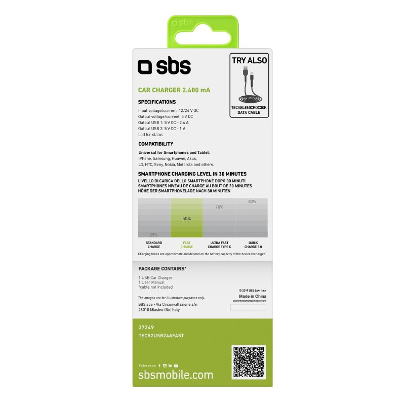 SBS TECR2USB24AFAST Kfz-Ladegerät 2x USB Zigarettenanzünder Schwarz