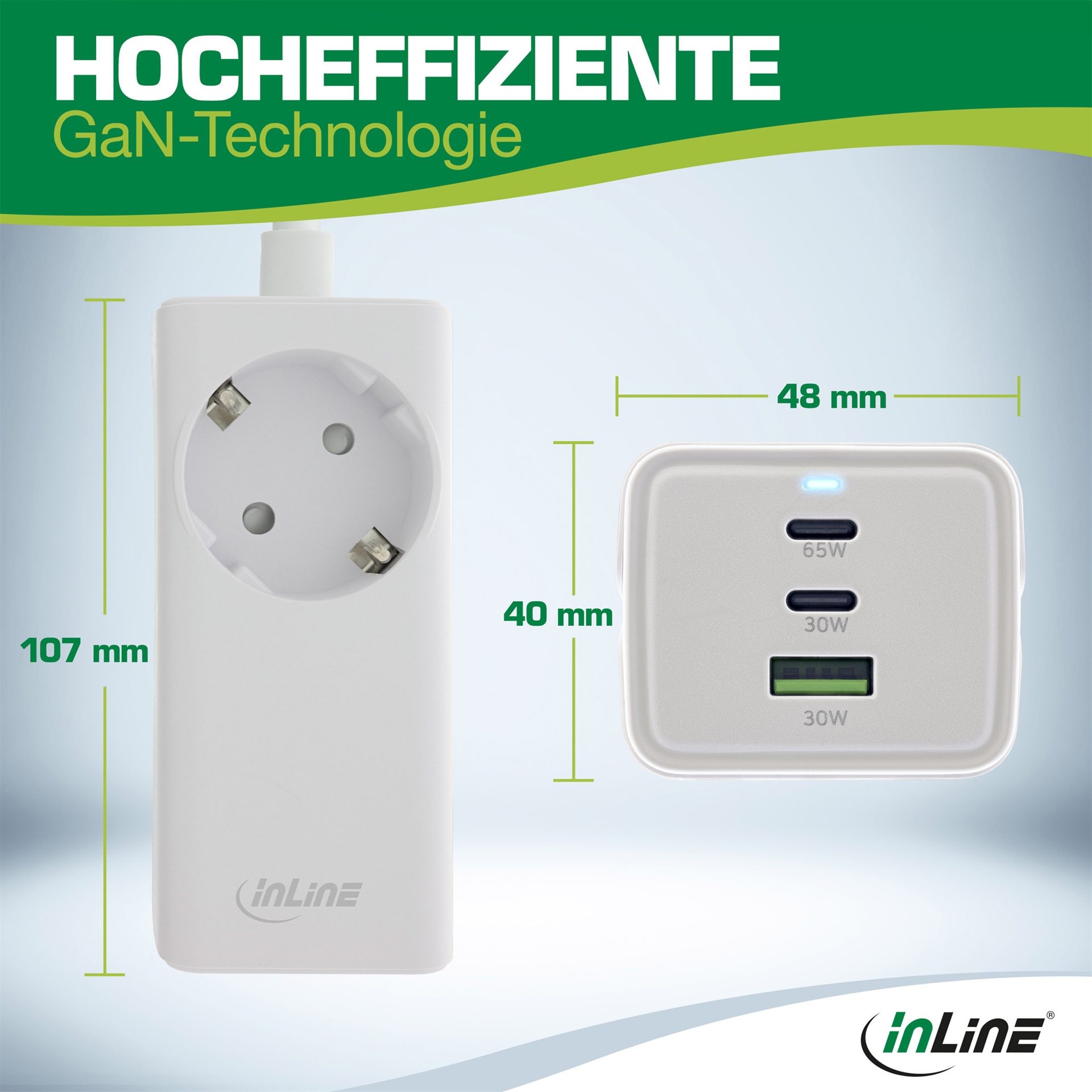 InLine GaN Ladegerät 65W 2x USB-C 1x USB-A mit Schutzkontaktbuchse Weiß