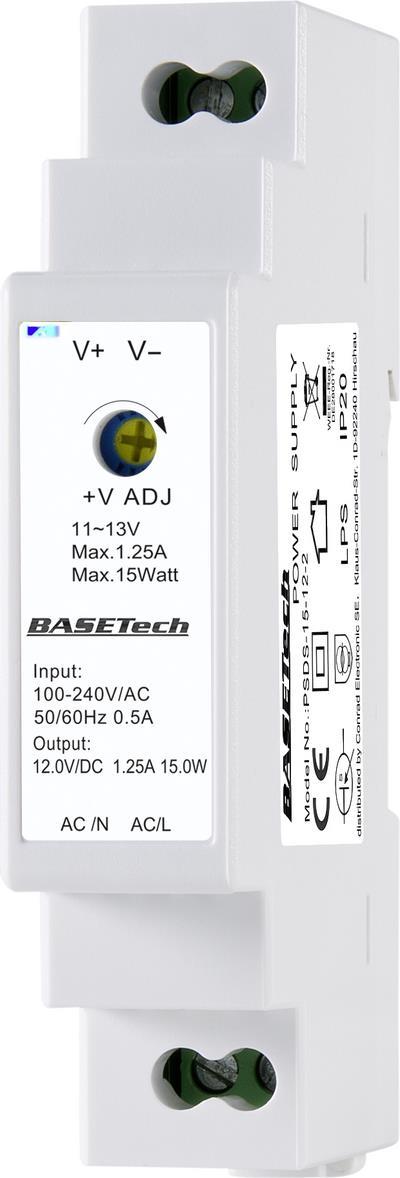 Basetech PSDS-15-12-2 Hutschienen-Netzteil (DIN-Rail) 12 V 1.25 A 15 W Anzahl Ausgänge:1 x Inhalt 1 St. (BT-2250247)