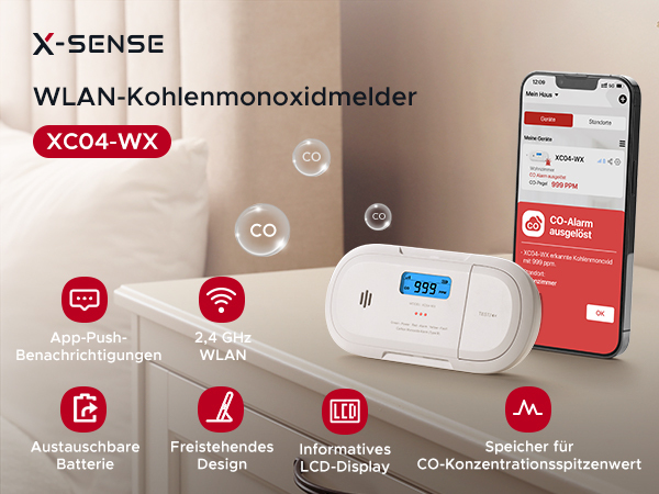 X-Sense XC04-WX Kohlenmonoxid-Melder Wi-Fi Kabellos Weiß