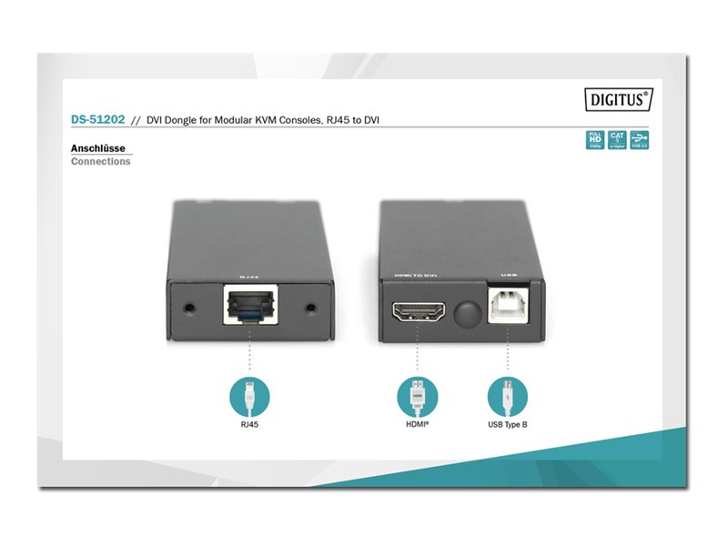 Digitus DS-51202 DVI-Dongle RJ45 auf DVI KVM-Extender USB bis 60 m Schwarz
