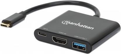 MANHATTAN USB-C auf HDMI 3-in-1 Docking-Konverter mit Power Delivery USB 3.2 Typ-C-Stecker auf HDMI (4K@30Hz), USB-A (5 Gbit/s) und USB-C PD (100 W) Buchsen, Multiport-Konverter mit Passthrough-Ladeanschluss, schwarz (130622)