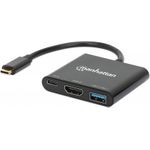 MANHATTAN USB-C auf HDMI 3-in-1 Docking-Konverter mit Power Delivery USB 3.2 Typ-C-Stecker auf HDMI (4K@30Hz), USB-A (5 Gbit/s) und USB-C PD (100 W) Buchsen, Multiport-Konverter mit Passthrough-Ladeanschluss, schwarz (130622)