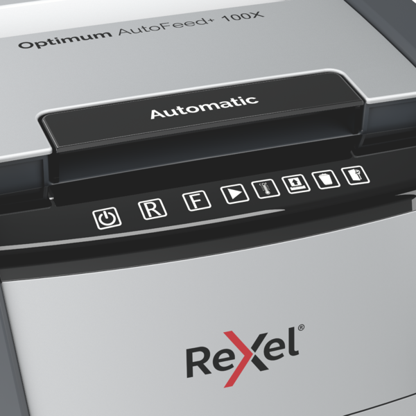 Rexel Optimum AutoFeed+ 100X Aktenvernichter Kreuzschnitt 4 x 28 mm P-4 Schwarz, Grau