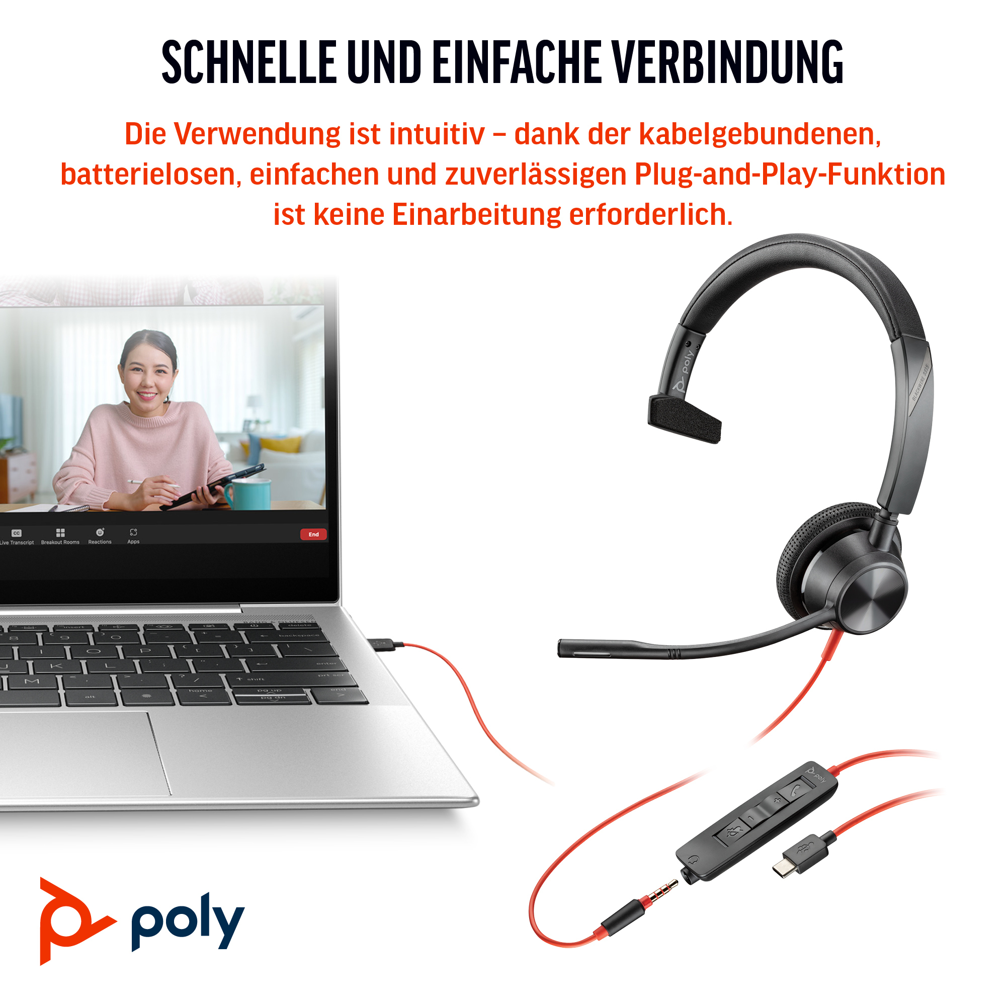 HP Poly Blackwire 3315 On-Ear Headset USB-C 3,5 mm Mono Schwarz
