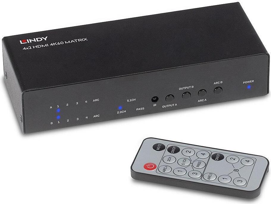 Lindy 4x2 HDMI 2.0 18G Matrix Switch 4K60 HDR Schwarz