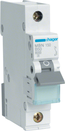 Hager MBN150. Anzahl der Pole: 1P. AC Eingangsfrequenz: 50/60 Hz, Nominale Stromabgabe: 50 A (MBN150)