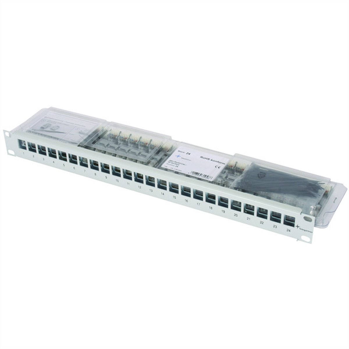 Telegärtner 19" Patchpanel Cat 6a, 24x RJ45 AMJ-S Modul, 1 HE, T568A, werkzeuglose Anschlusstechnik, Hellgrau
