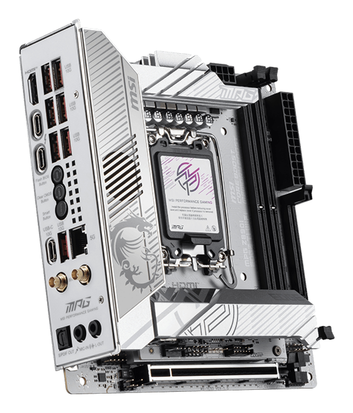 MSI MPG Z890I EDGE TI WIFI Mainboard Mini-ITX Intel Z890 LGA 1851 DDR5 Wi-Fi 7 Silber/Weiß