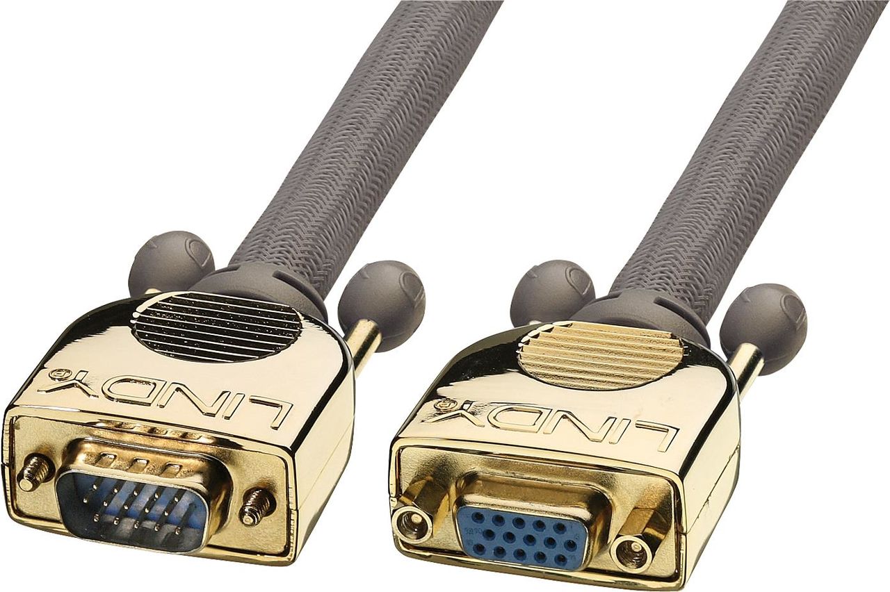 Lindy GOLD VGA Kabel M/F 5m Premiumkabel für VGA Monitore mit vergoldeten Metallsteckern mit 15 poligem HD Stecker an Stecker, 3-fach abgeschirmt mit besten EMV-Werten, für Distanzen bis 75m (37837)