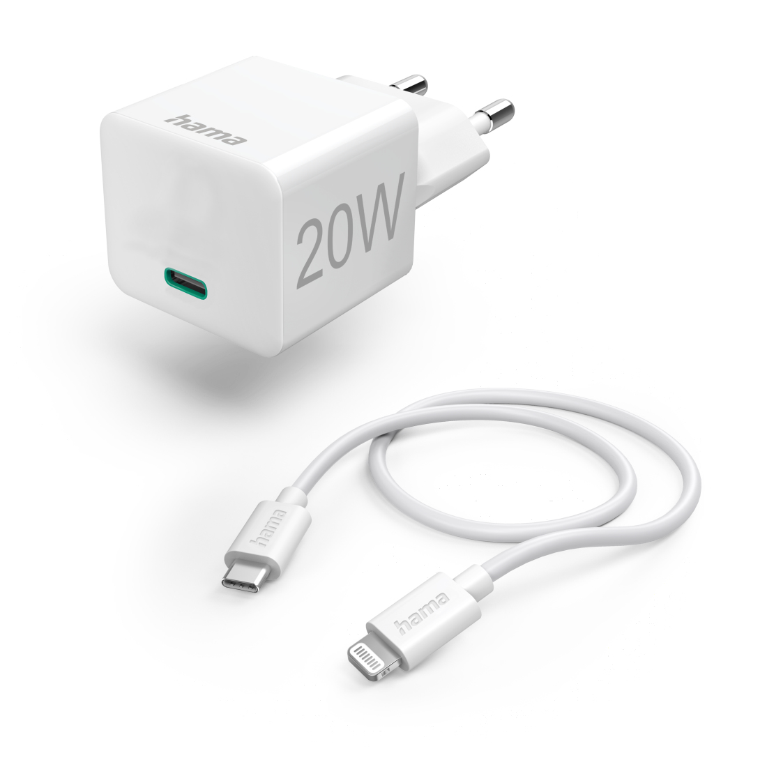 Hama Mini-Schnellladegerät mit Lightning-Kabel, PD 20 W, 1 m, Weiß