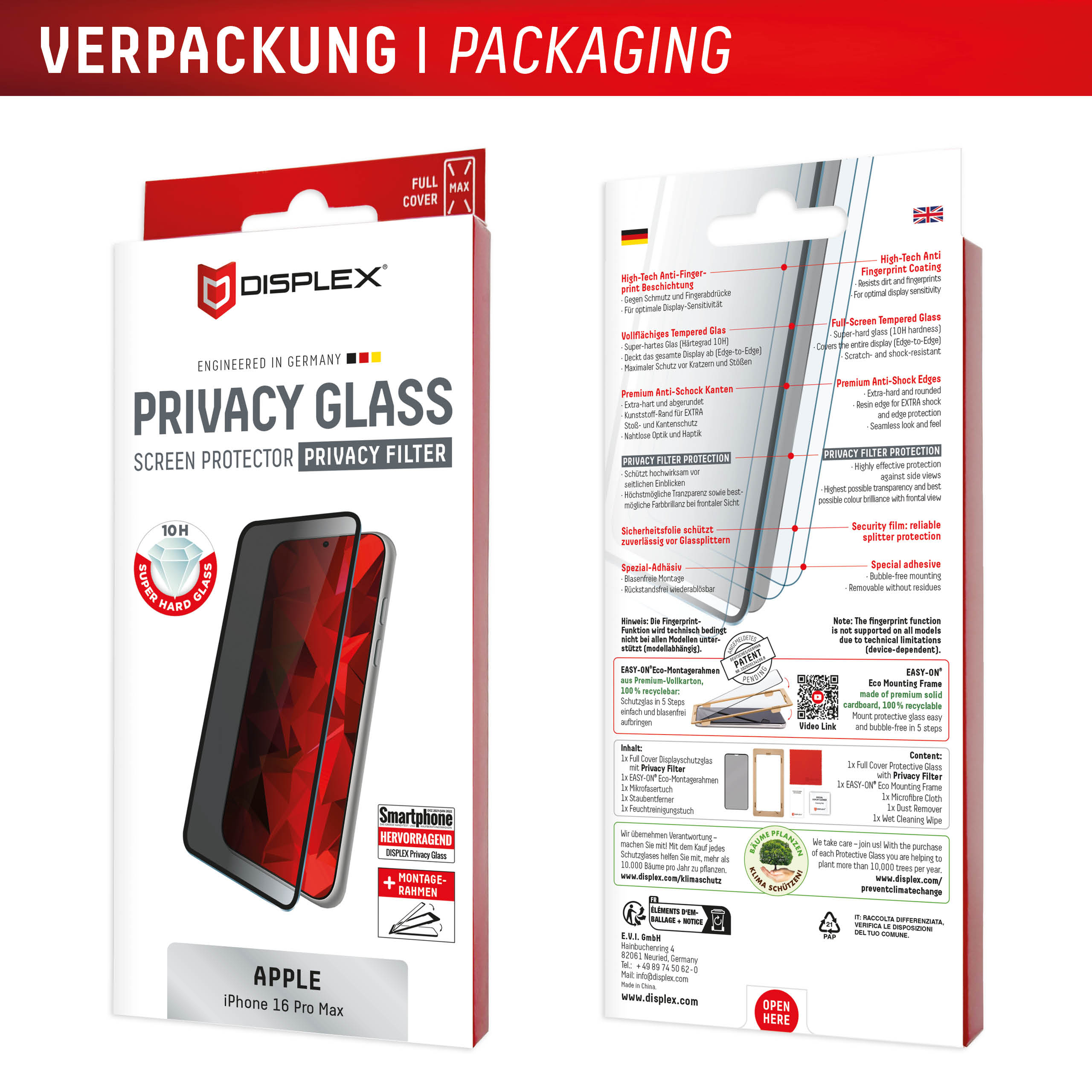 E.V.I. Displex Privacy Glass Displayschutz für iPhone 16 Pro Max