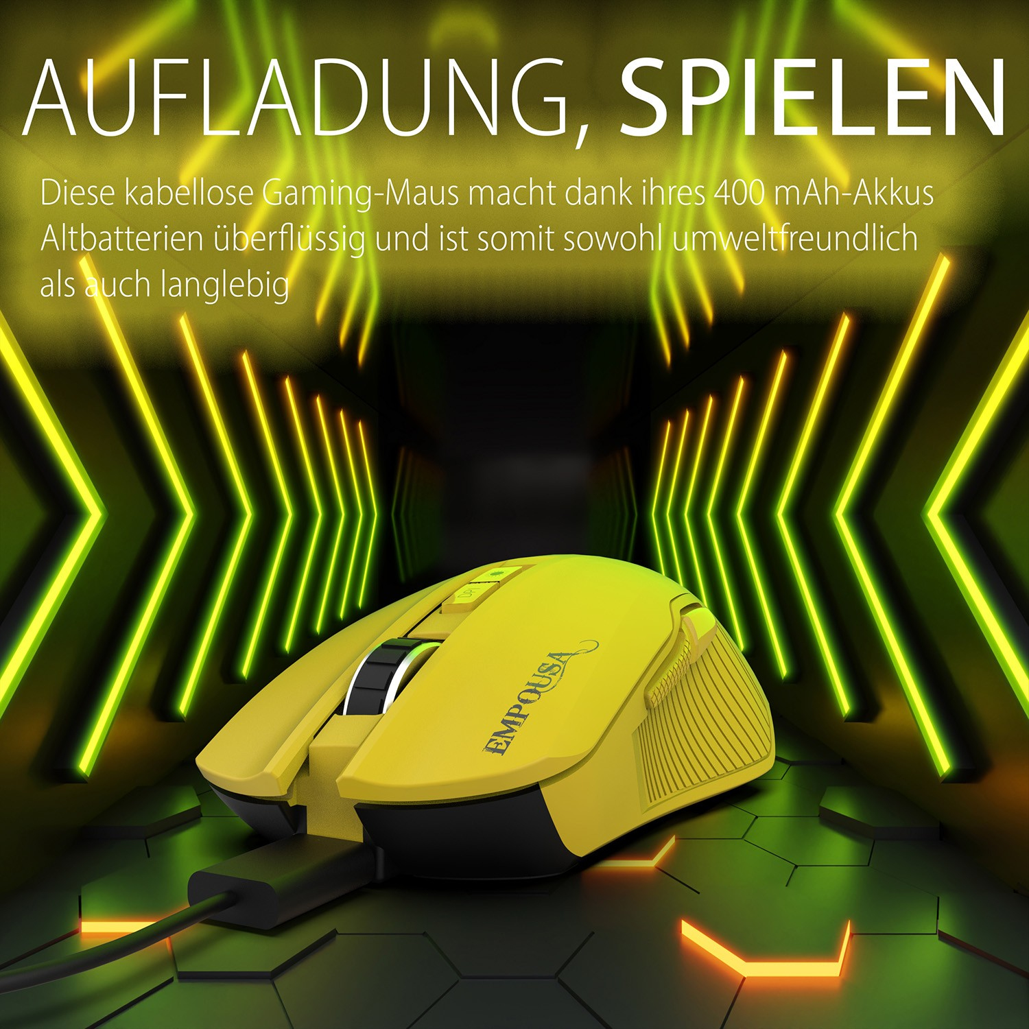 INCA Gaming Maus RGB 7200 DPI 7 Tasten Bluetooth USB-C Gelb