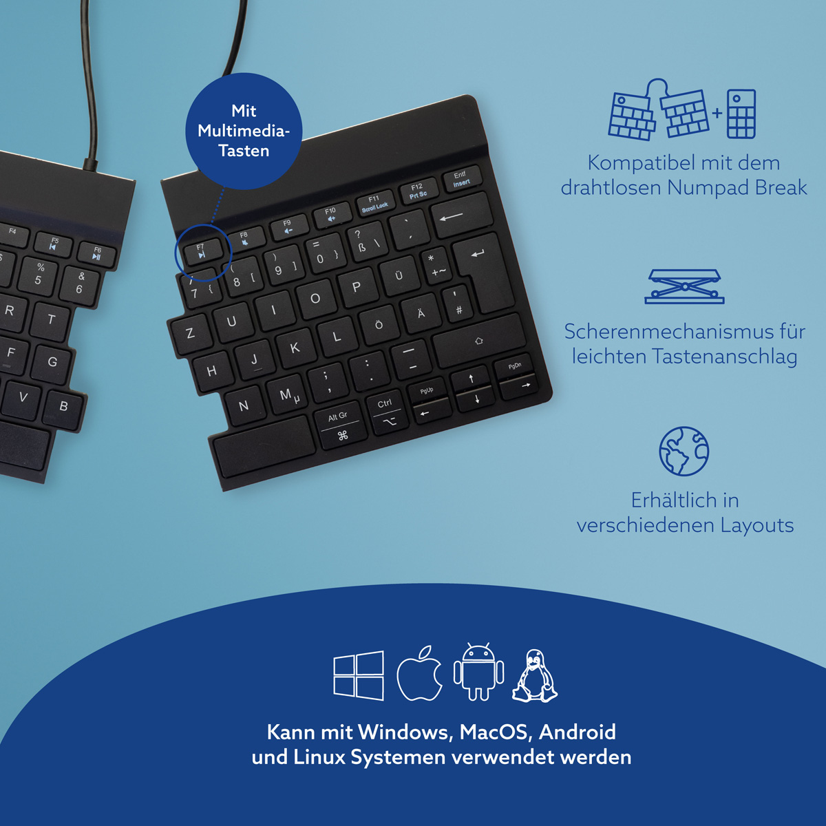 R-Go Tools Split Break Ergonomische Funk-Tastatur Bluetooth 5.0 QWERTZ Schwarz