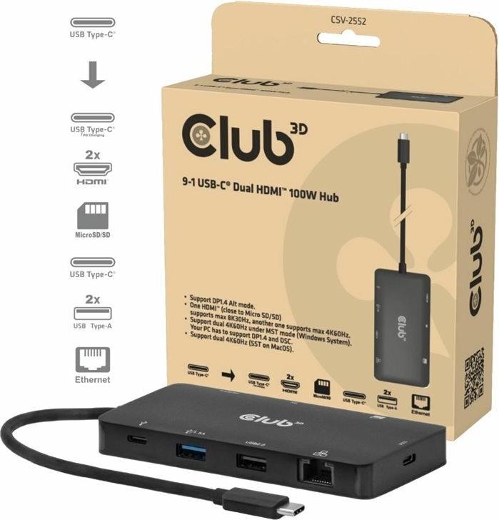 Club 3D 9-1 USB-C Dual HDMI 100W Hub - Digital/Daten (CSV-2552)