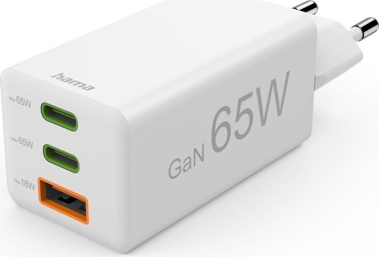 Hama Schnellladegerät, 2x USB-C, 1x USB-A, Mini-Ladegerät, PD, 65 W, Weiß (00125142)