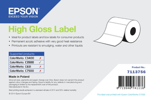 Etiketten, Epson, Normalpapier, High Gloss Label, B: 76 mm, H: 51 mm, D: 95 mm, K: 40 mm Etikettenrolle, Epson, Material: Normalpapier, High Gloss Label, Beschichtung: Ja, Klebstoff: Normal, Breite: 76 mm, Höhe: 51 mm, Durchmesser: 95 mm, Kerndurchmesser: 40 mm, Etiketten pro Rolle: 610, Abgrenzung: Lücke, Perforation: Nein, Farbe: Weiß (7113756)