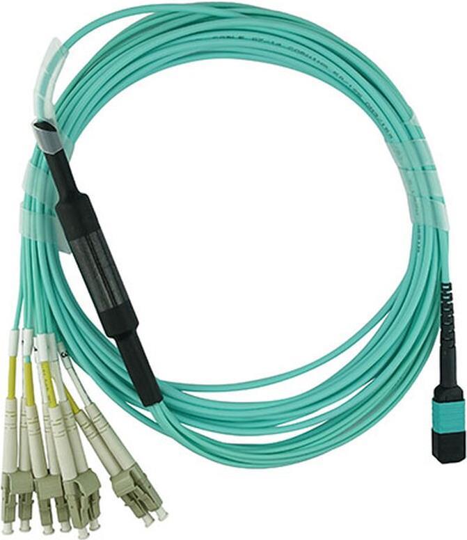 Kompatibles Chelsio OCTCABLE10M-SR BlueOptics LWL Breakout Patchkabel, MPO/UPC, 4xDuplex LC/UPC, 10 Meter, Multimode G50/125µm, OM3, MPO Einfügedämpfung: unter 0.3dB, LC Einfügedämpfung: unter 0.2dB, Markenfaser, 3.0mm LSZH aqua / türkis, 8 Kerne und MPO (OCTCABLE10M-SR-BO)