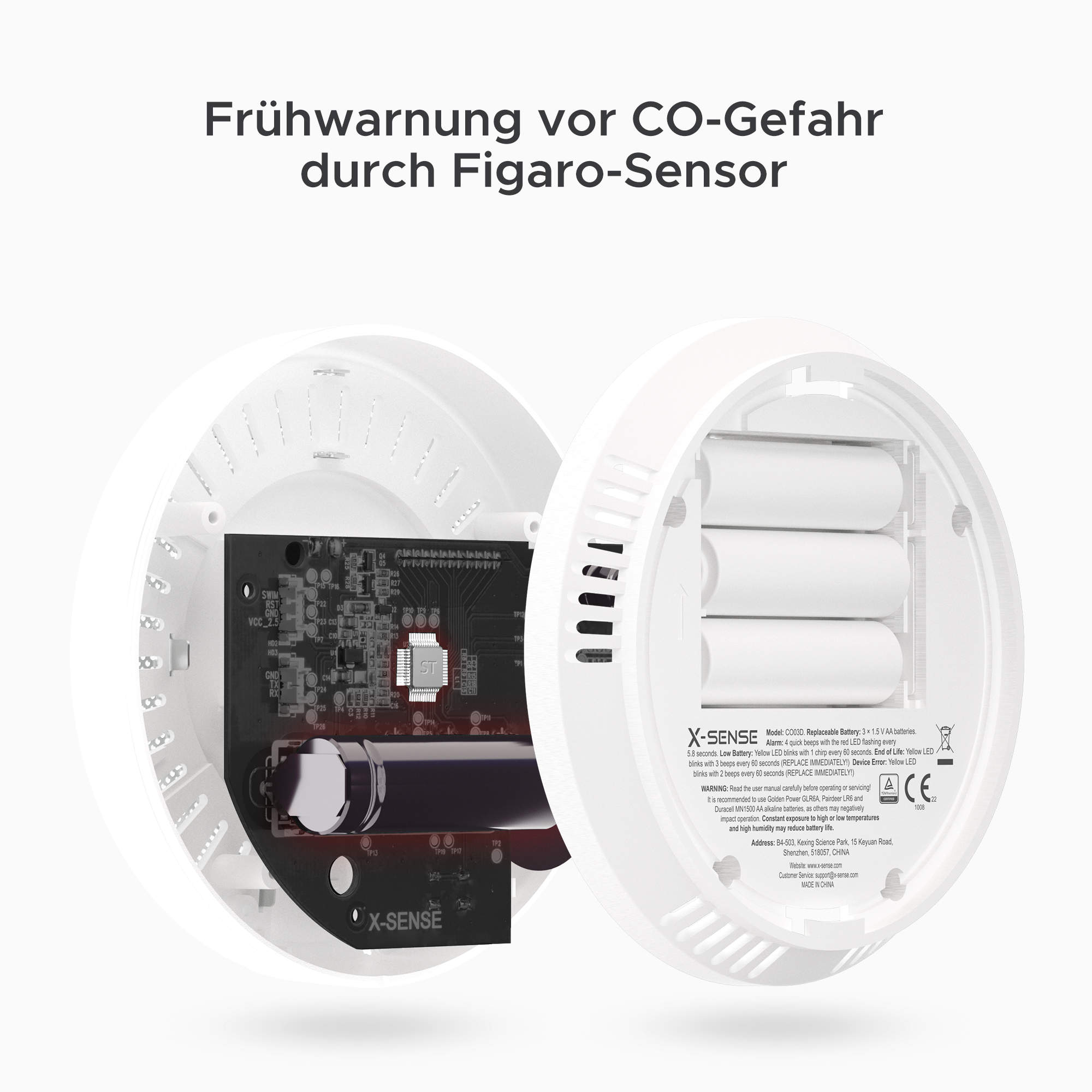 X-Sense CO3D Kohlenmonoxid-Melder Kabelgebunden 85 dB Lithium Weiß Grau