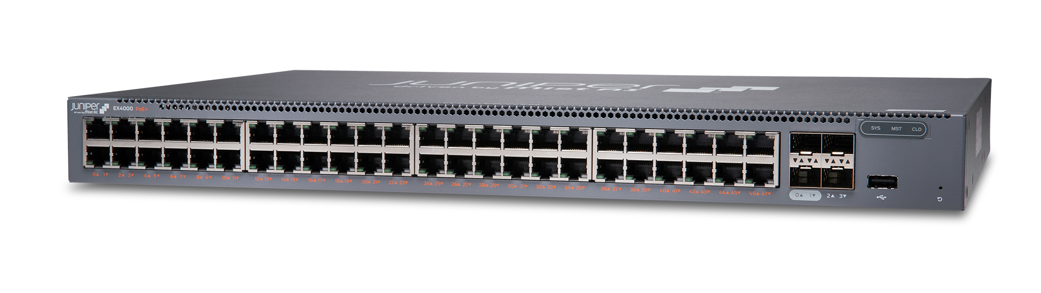 Juniper EX4000-48P Managed Switch L2/L3 48-Port PoE+ 4x SFP+ 176 Gbit/s Grau