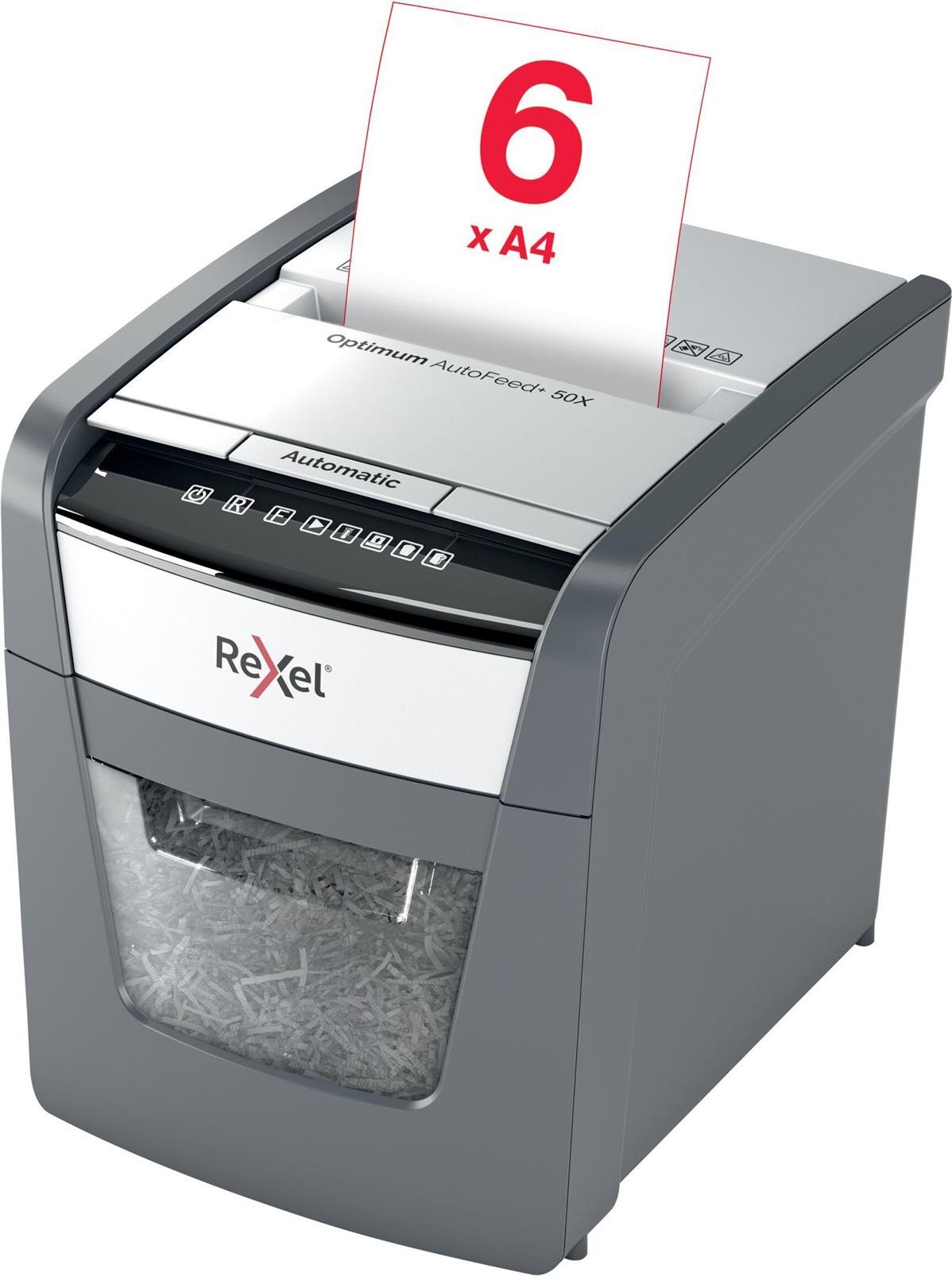 Rexel Optimum AutoFeed+ 50X Aktenvernichter Kreuzschnitt P-4 50 Blatt Schwarz, Grau