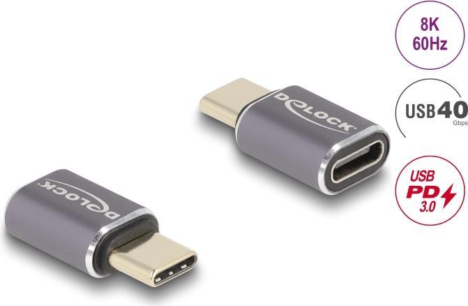 Delock USB Adapter 40 Gbps USB Type-C™ PD 3.0 100 W Stecker zu Buchse Portschoner 8K 60 Hz Metall (60046)