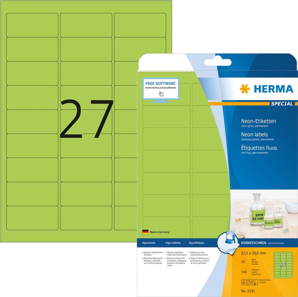 HERMA Etiketten A4 neon-grün   63,5x29,6 mm Papier 540 St.