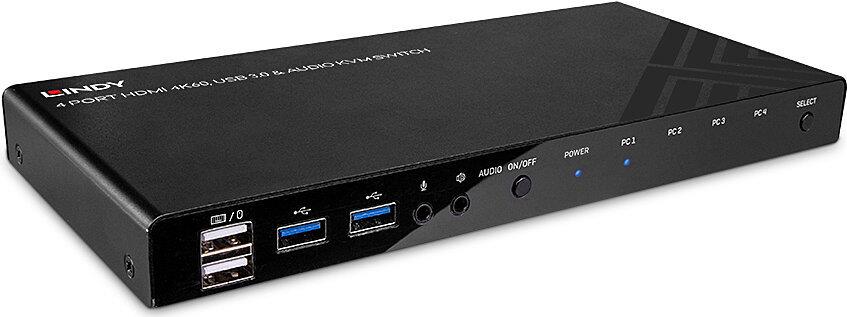 Lindy KVM Switch HDMI 4K60, USB 3.0 & Audio, 4 Port Schaltet zwischen 4 mit HDMI und USB 3.0 Ports ausgestatteten PCs von einer einzigen Konsole (Tastatur, Maus, Monitor) aus um (39313)