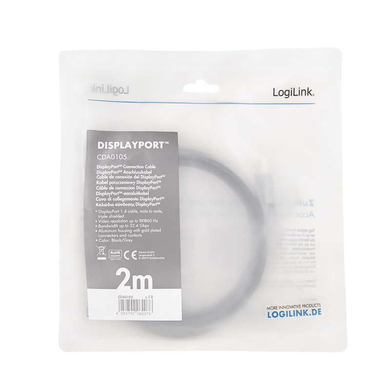 LogiLink CDA0105 DisplayPort-Kabel 2 m Schwarz, Grau