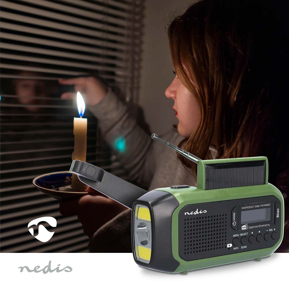 Nedis RDDBCR2000GN Notfallradio DAB+ FM Kurbelradio Solar Powerbank LED-Taschenlampe Grün, Schwarz