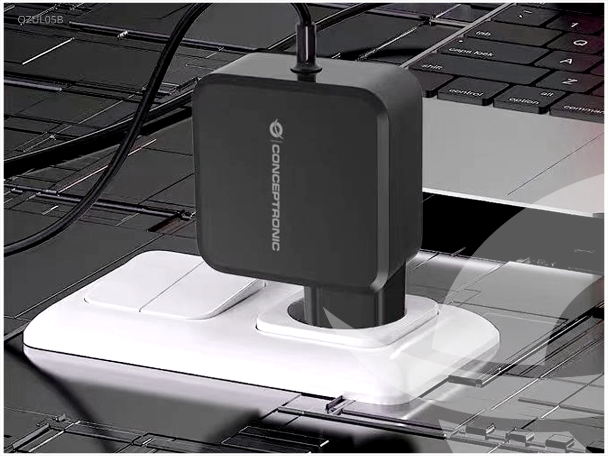 Conceptronic OZUL05BE 100W GaN USB-PD-Ladegerät mit integriertem USB-C-Kabel 20 V 1,8 m Schwarz