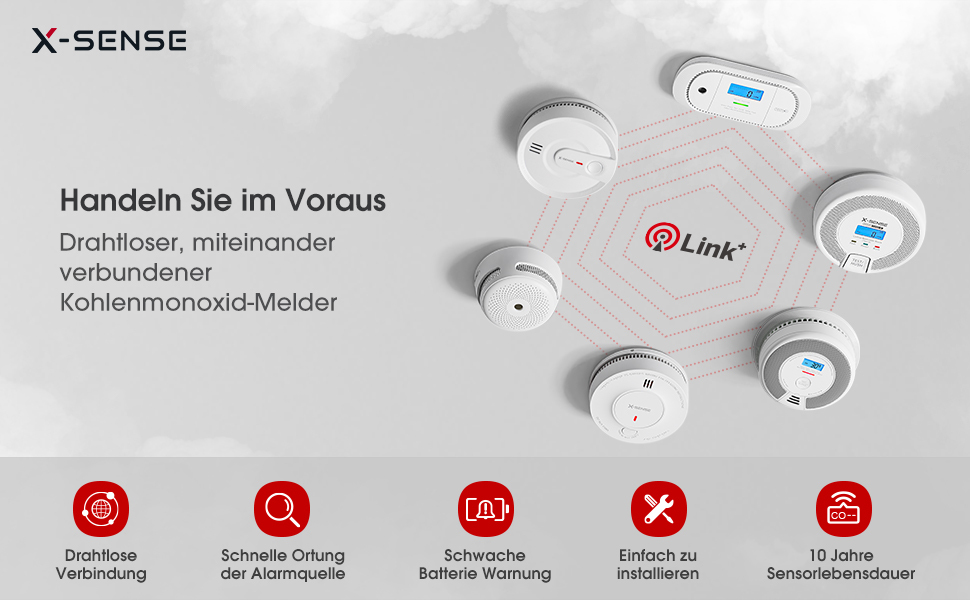 X-Sense CO03D-W Funkvernetzter Kohlenstoffmonoxid-Melder Weiß/Grau