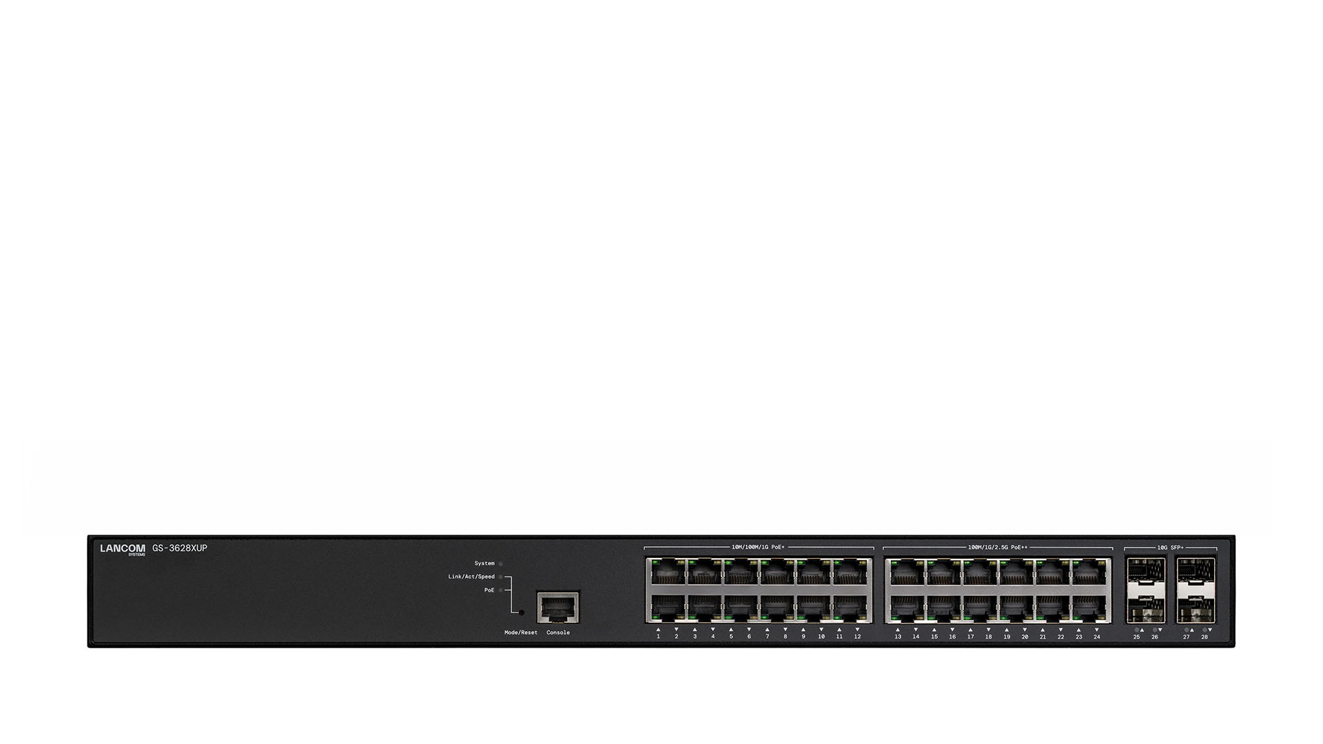 Lancom GS-3628XUP Managed L3 Switch, 2.5G Ethernet, PoE++, 4x 10G SFP+, 164 Gbit/s, 1U, Schwarz