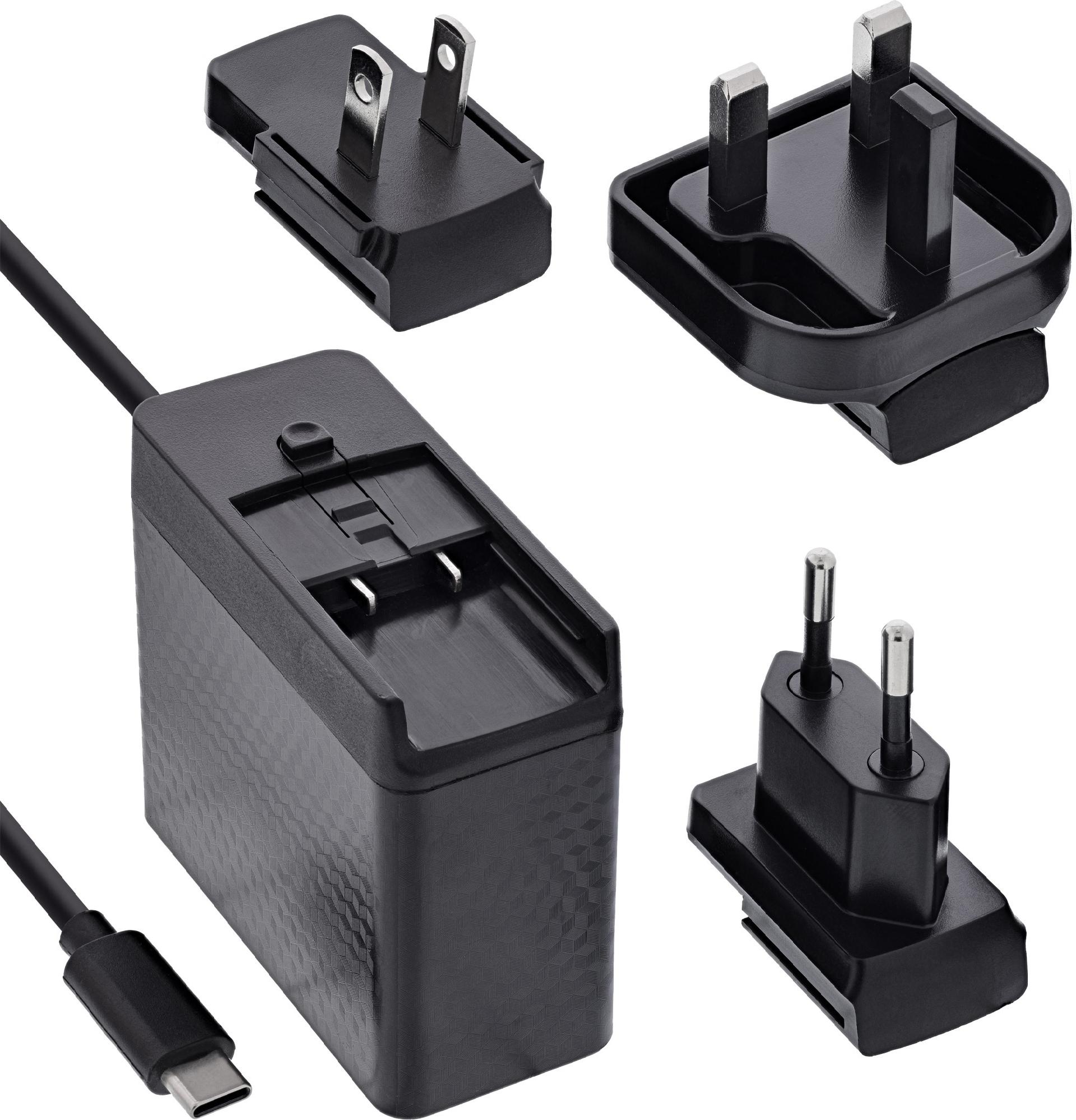 InLine® TravelCharge USB-C Netzteil 140W, GaN, festes Kabel, EU/UK/US, schwarz (31516C)