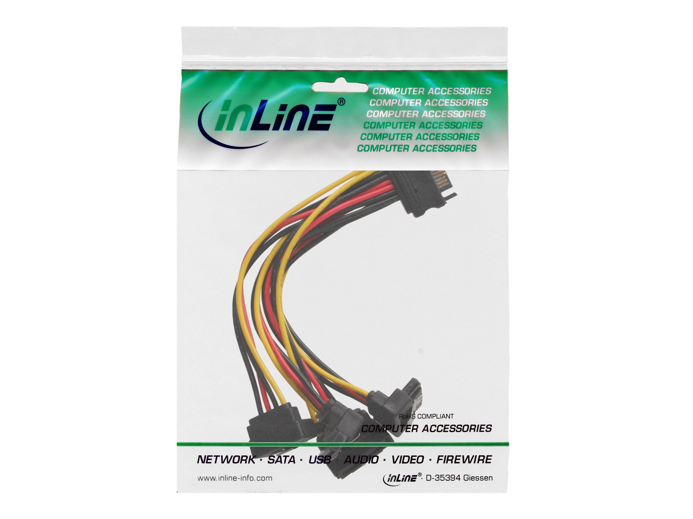 InLine SATA Strom-Y-Kabel SATA auf 4x SATA 90° gewinkelt 15 cm Schwarz/Rot/Gelb