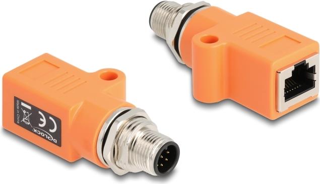 Delock M12 Adapter A-kodiert 8 Pin Stecker zu RJ45 Buchse Cat.5e mit Befestigungsloch gerade orange (60617)