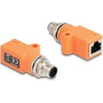 Delock M12 Adapter A-kodiert 8 Pin Stecker zu RJ45 Buchse Cat.5e mit Befestigungsloch gerade orange (60617)