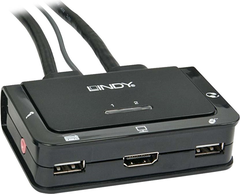 Lindy 2 Port Kabel KVM Switch, HDMI 10.2G, USB 2.0 & Audio Schaltet zwischen 2 HDMI-PCs mit einer einzigen Konsole aus Tastatur, Maus & Monitor (42340)