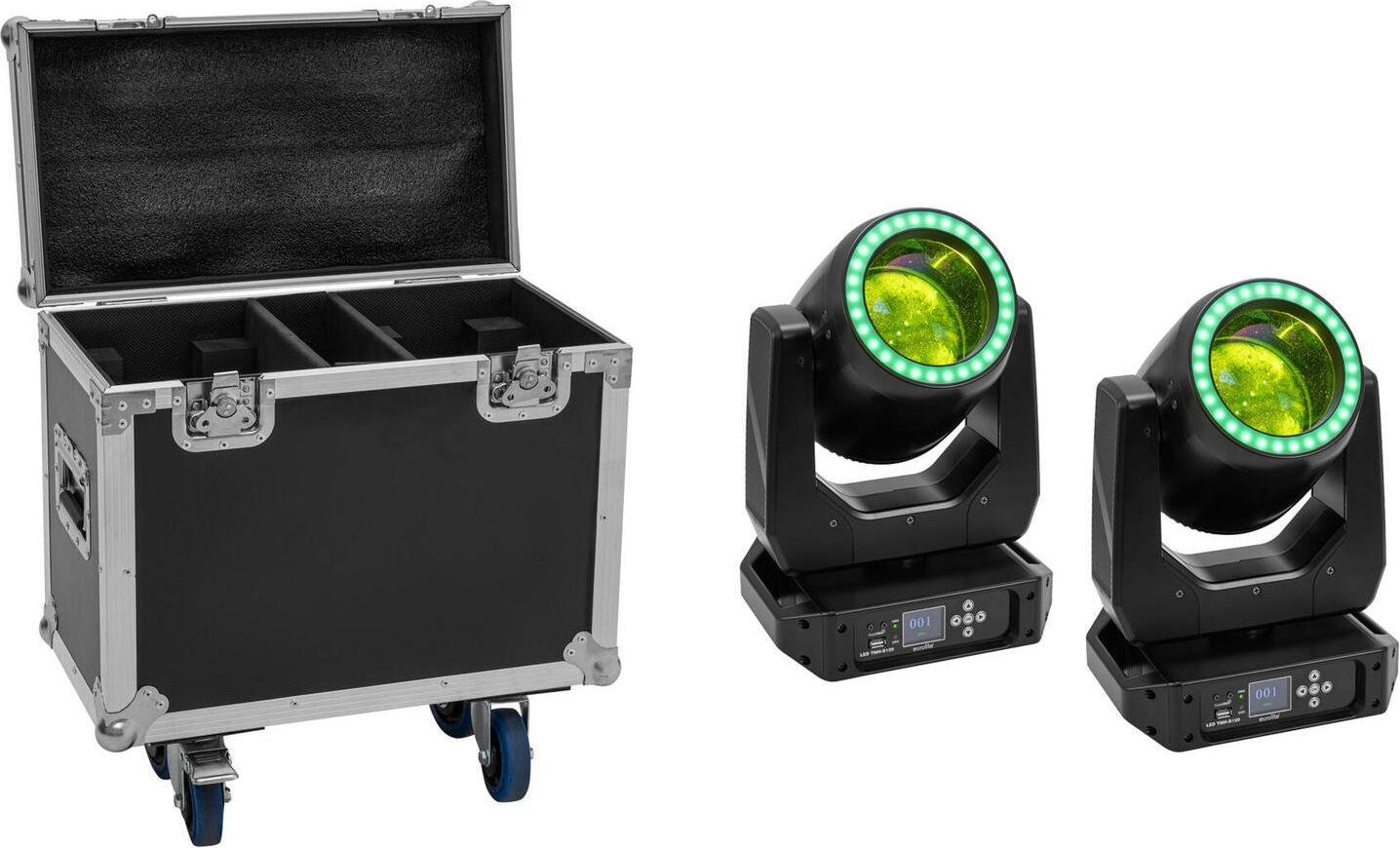 EUROLITE Set 2x LED TMH-B120 Hypno Moving-Head Beam + Flightcase mit Rollen