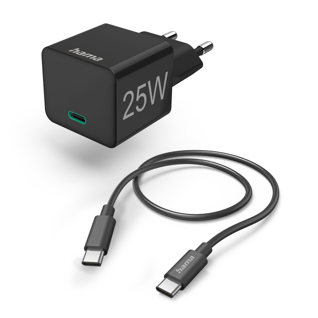 Hama Schnellladegerät 25W USB-C mit Ladekabel, PD, 1 m, Schwarz