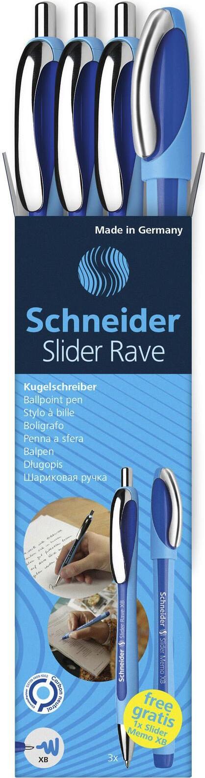 AKTION: 3 Schneider Kugelschreiber Slider Rave blau Schreibfarbe blau + GRATIS Schneider Kugelschreiber Slider Memo XB (132574)