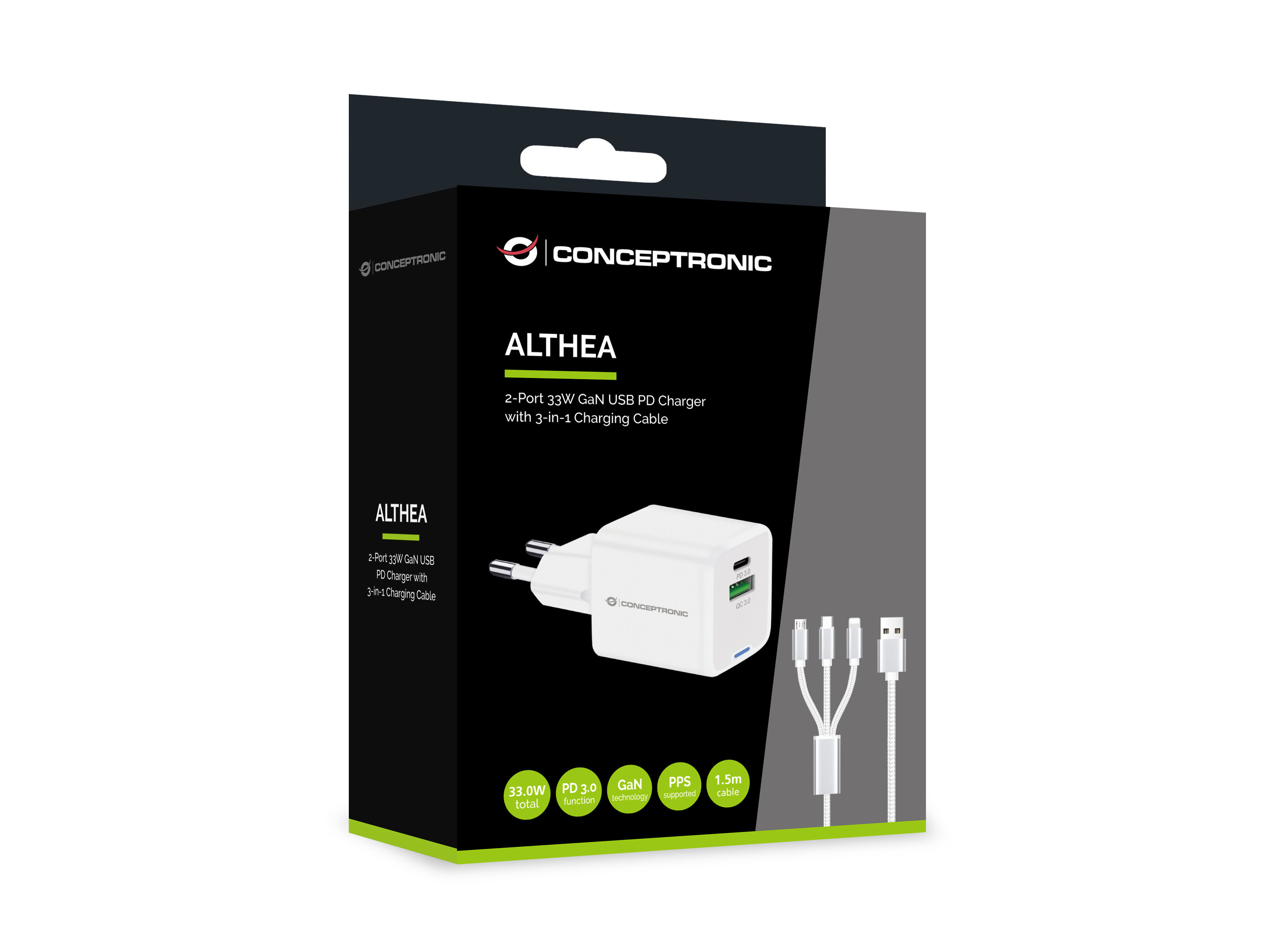 Conceptronic ALTHEA16W Ladegerät 33W 2-Port GaN USB-C USB-A Weiß
