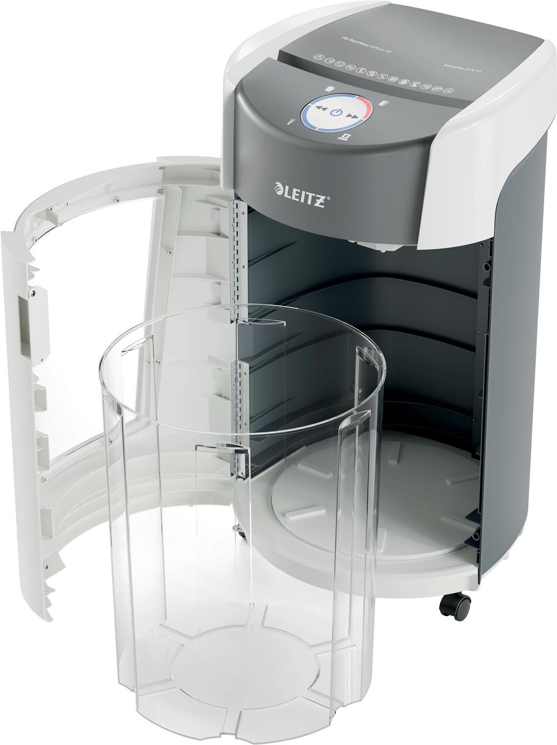 Leitz IQ OptiMax Office P5 Aktenvernichter Mikroschnitt P-5 2 x 15 mm 10 Blatt 35 Liter Weiß