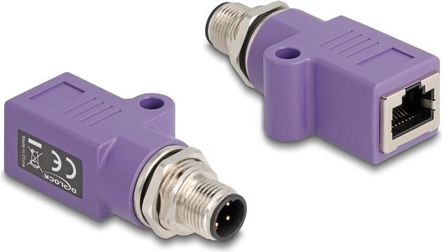 Delock M12 Adapter D-kodiert 4 Pin Stecker zu RJ45 Buchse Cat.5e mit Befestigungsloch gerade violett (60669)